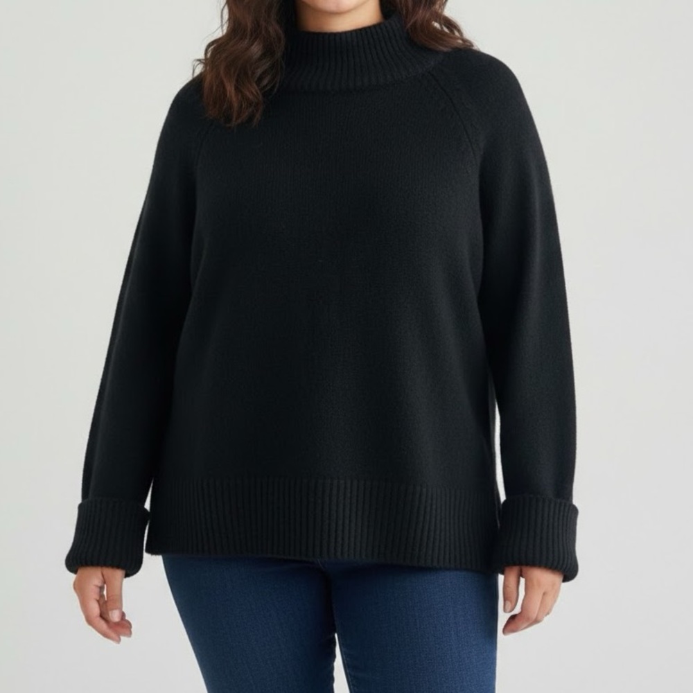 And Now This Black Soft Knit Mock Neck Cuffed Sleeve Sweater 0X